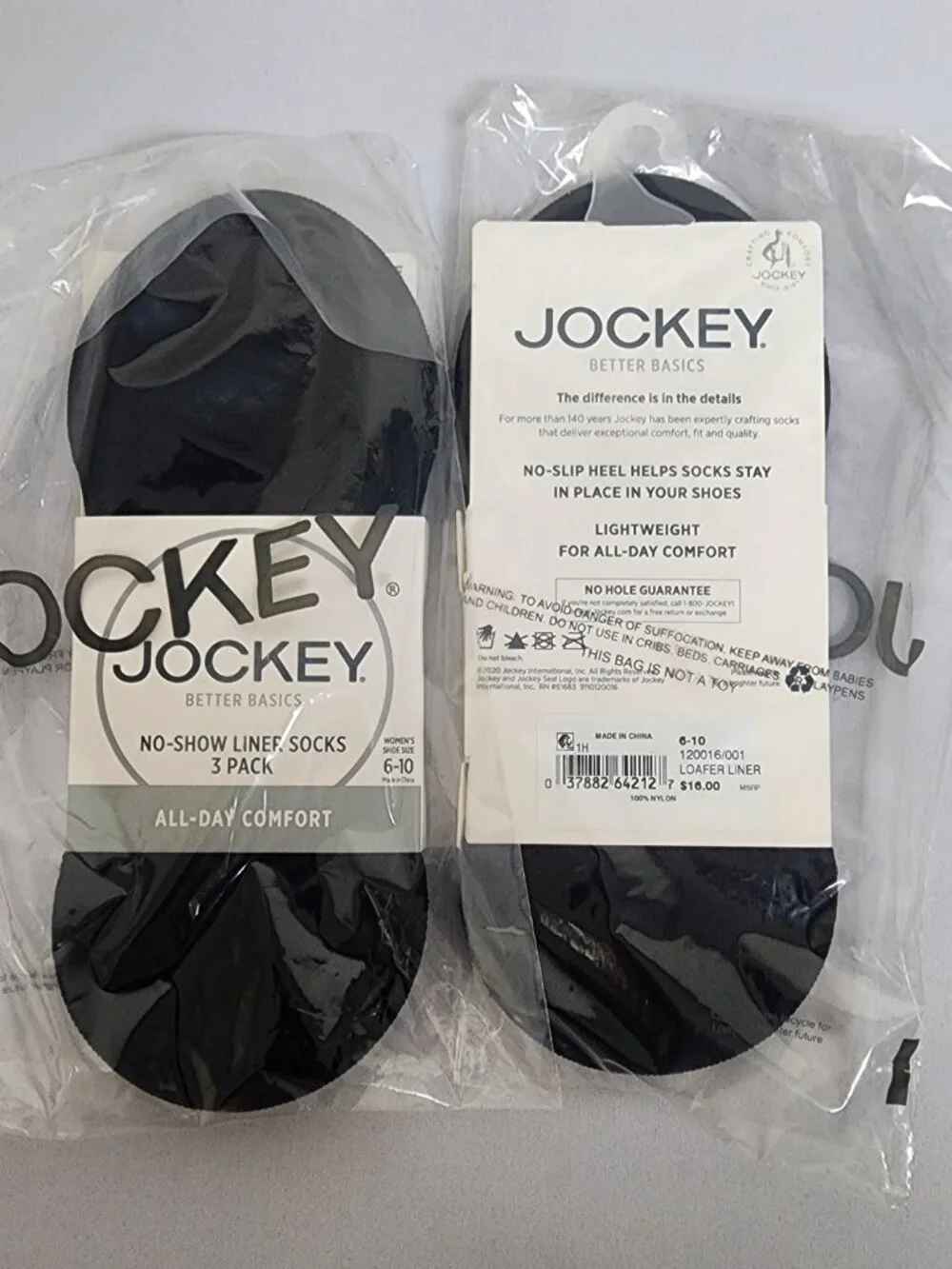 Jockey No-Show Liner Socks 3 Pack Black x2